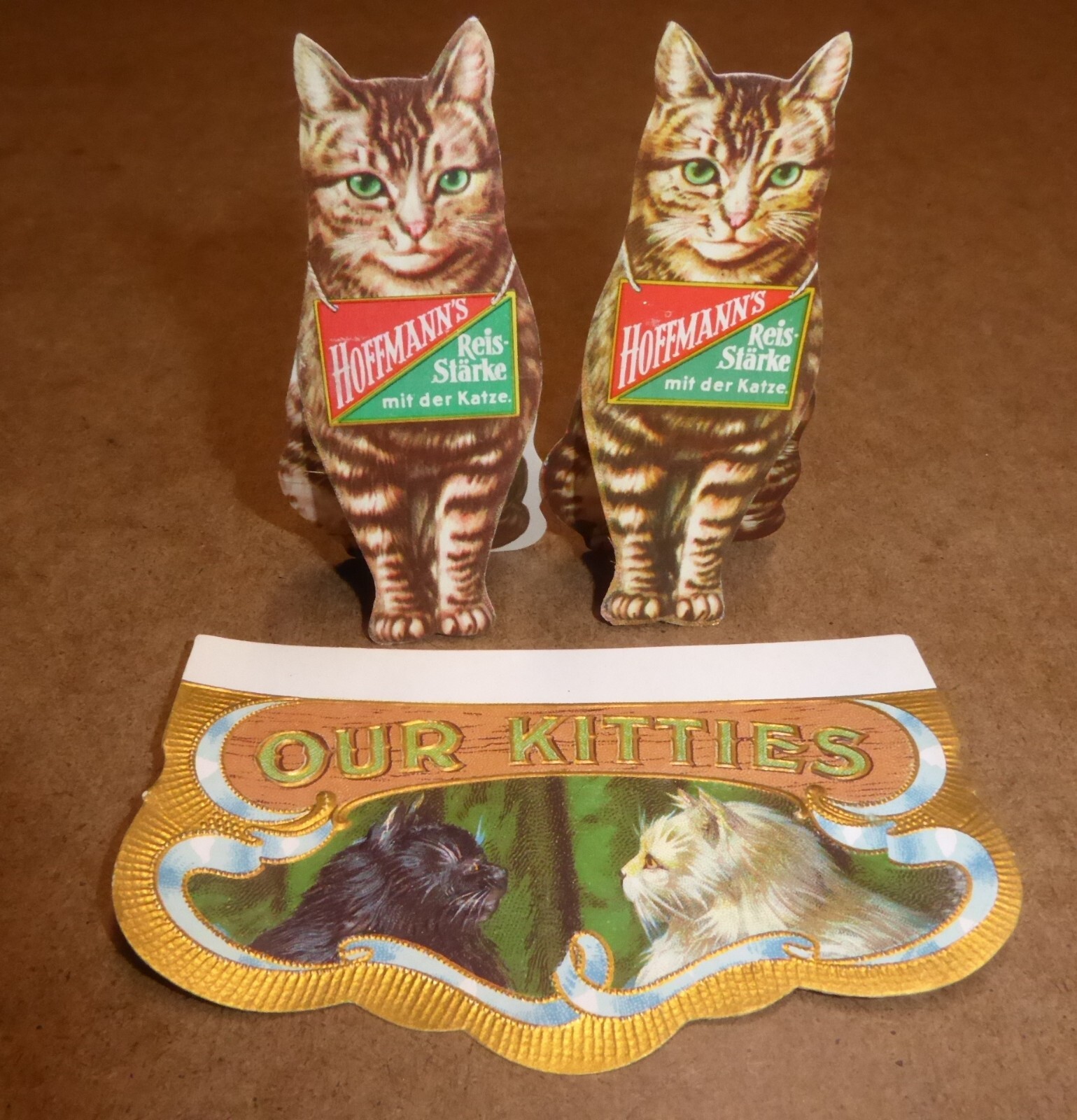 2 VINTAGE DIE CUT ADVERTISING 1920S ORIGINAL CAT FELINE KITTIES W CIGAR LABEL