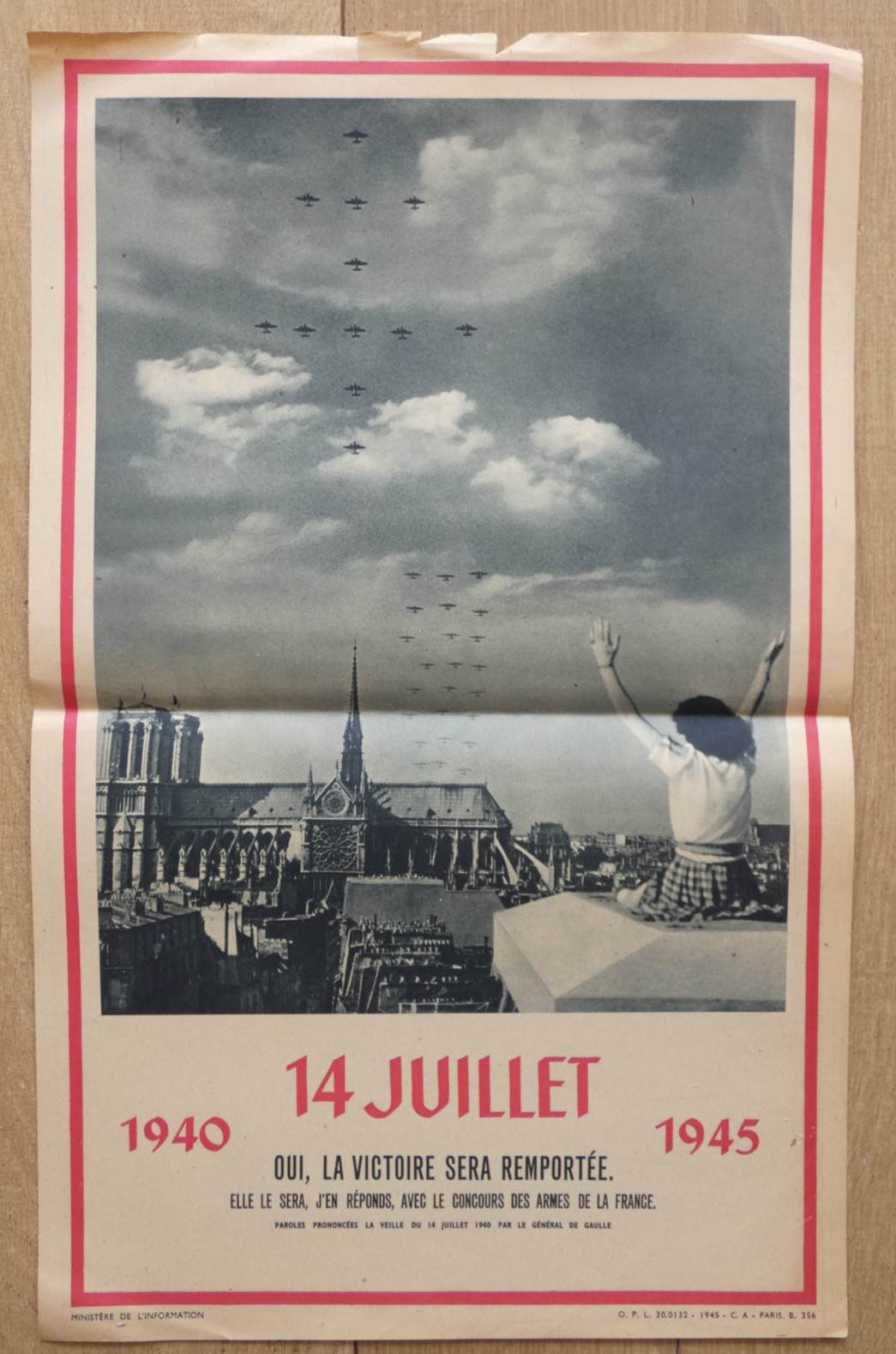 Antique Poster 1945 War De Gaulle Victory Will Be Won Our Lady