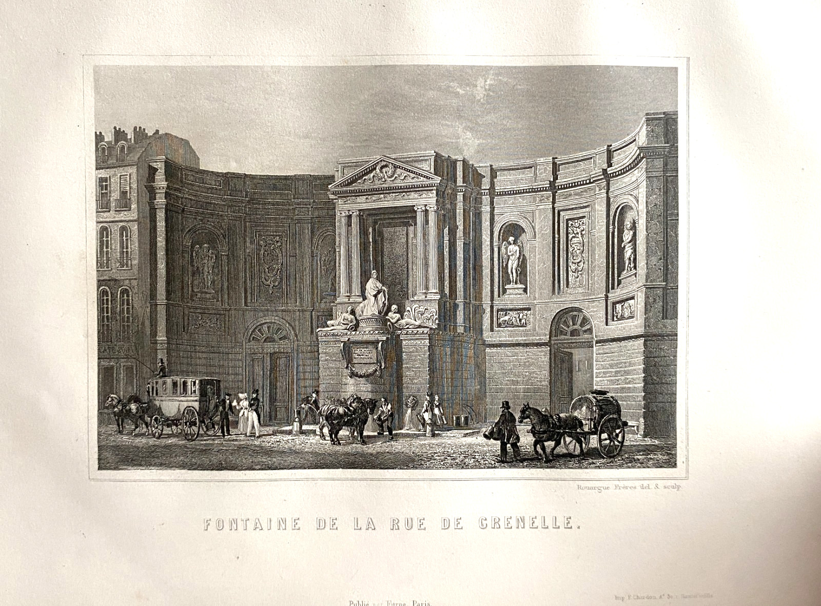 Engraving Paris France “Fountain Rue de Grenelle” 19th Century Print