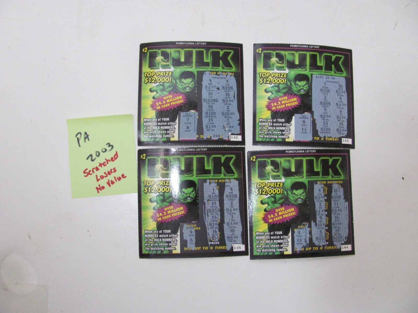 Vintage Lot 4 – 2003 MARVEL HULK $2 PA Lottery Non-Winning Scratch Off Tickets