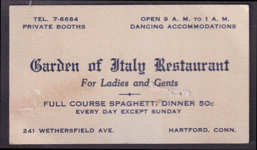 Garden of Italy Restaurant for Ladies & Gents Hartford CT bsuiness card c 1930s