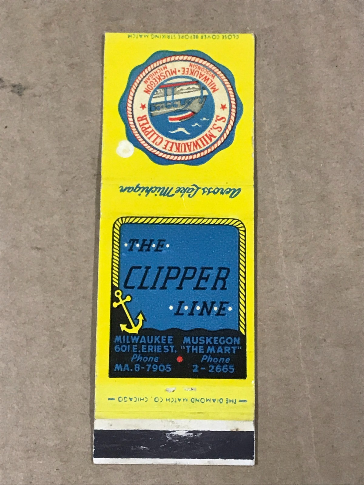 Vintage The Clipper Line “Across Lake Michigan” Matchcover