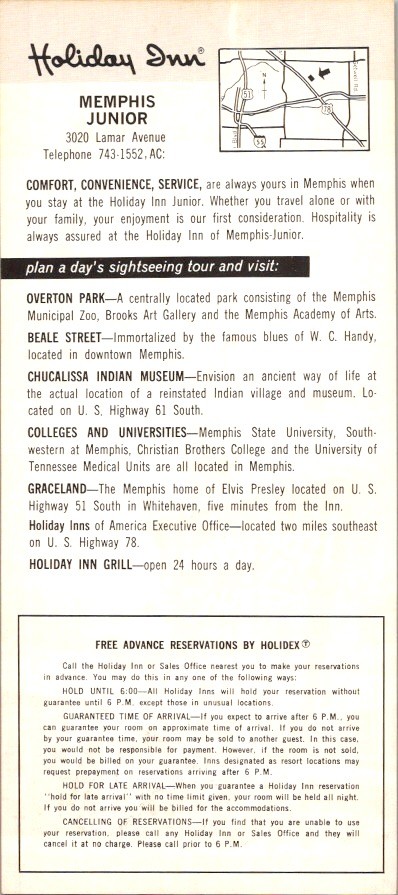 Holiday Inn Memphis Junior Rack Card 1960s Graceland Elvis Presley Lamar Ave