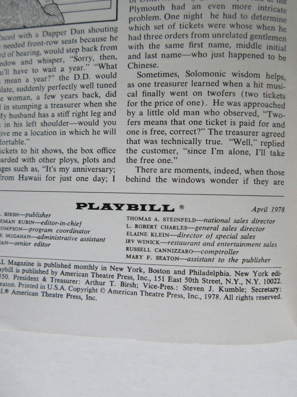 PLAYBILL – chapter two April 1978 New York City NY IMPERIAL THEATRE Judd Hirsch
