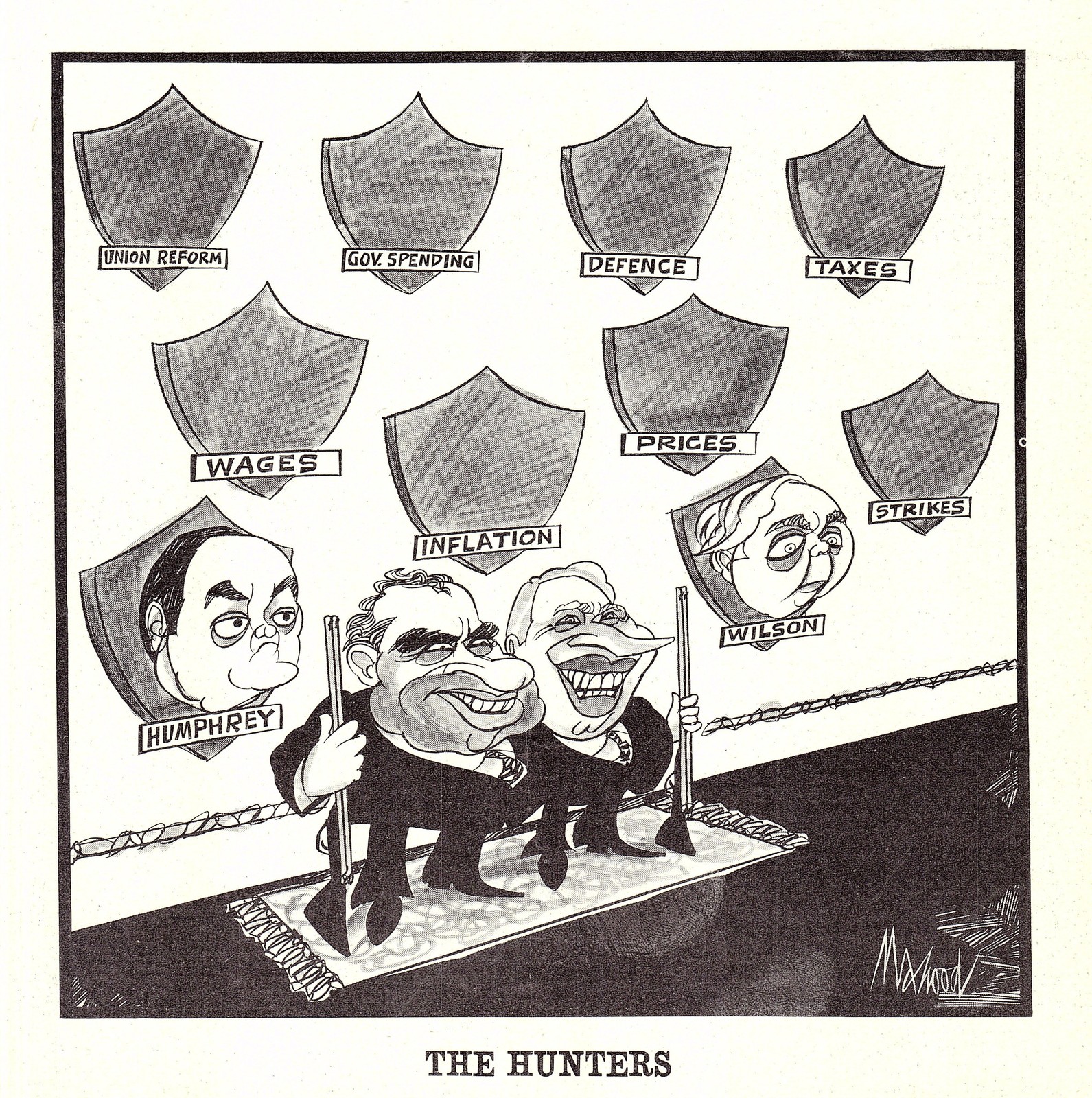 Original 1970 Punch Cartoon Print NIXON & TED HEATH “The (Big Game) Hunters”