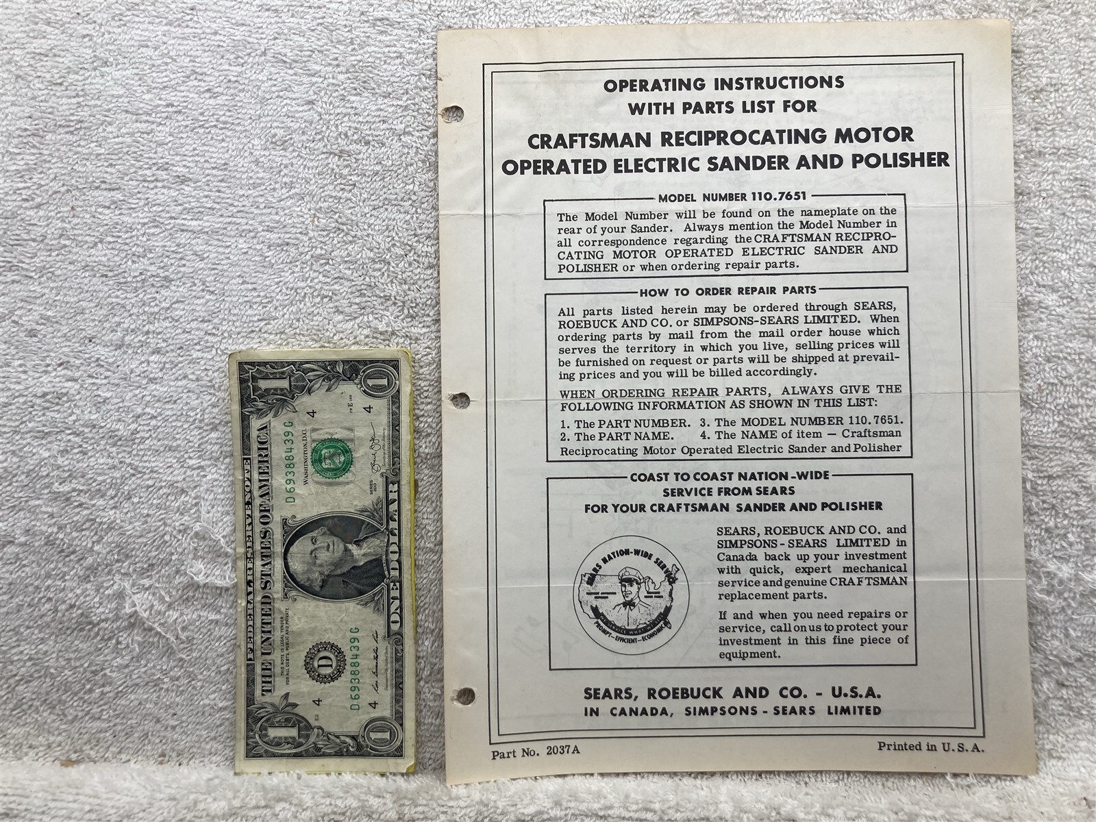 1960’s Craftsman Sander & Polisher Sears 110-7651 Owners Manual Vtg