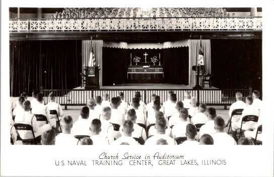 1940s Real Photo Postcard U S Naval Training Center Great Lakes Church Service