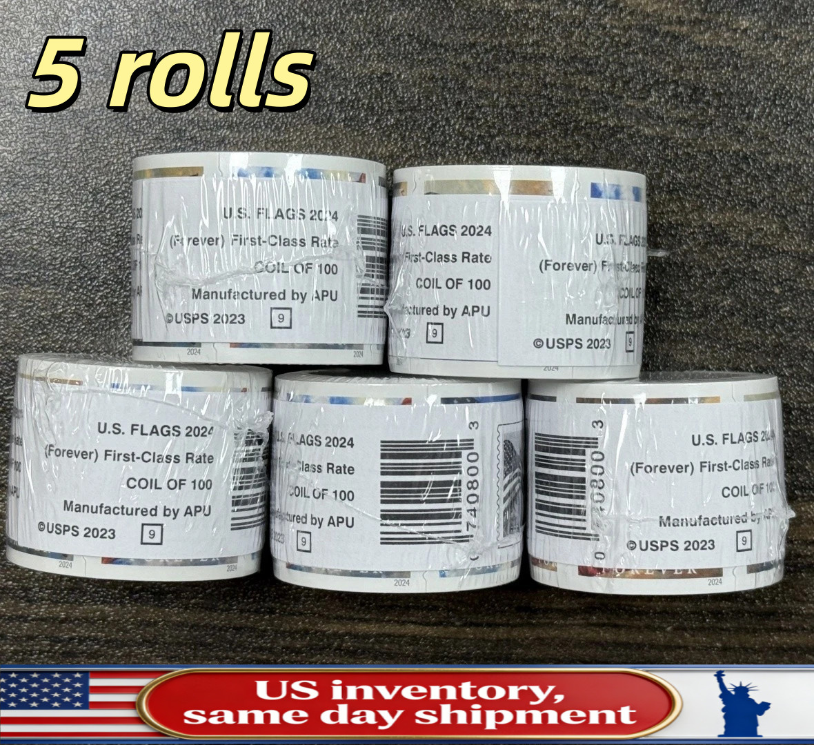 2024 US Flag Stamps 5 Rolls 100 Each Sealed New Collectible Mailing Supply–
