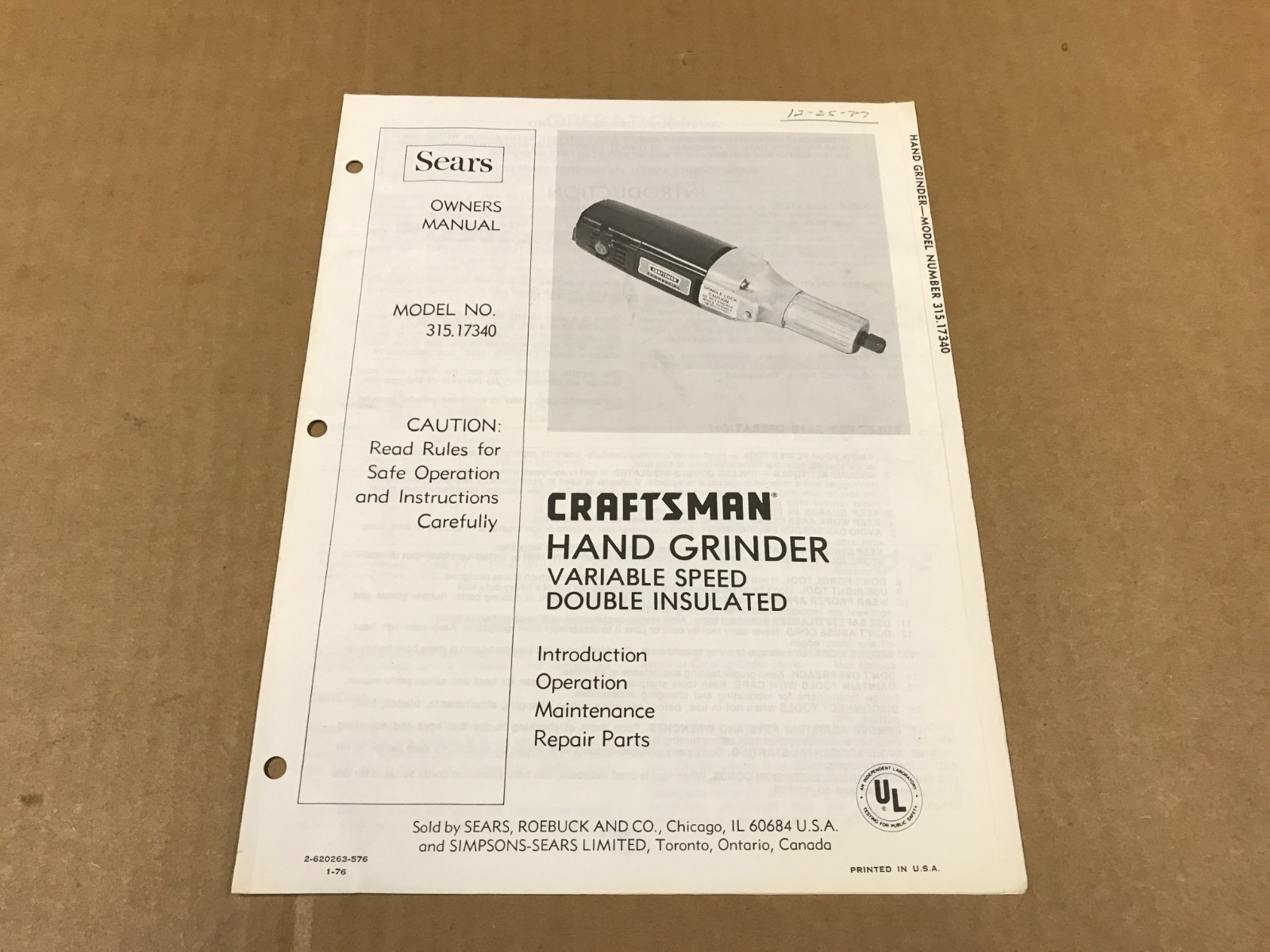Vintage Sears Craftsman Hand Grinder Variable Speed – Operation Instructions