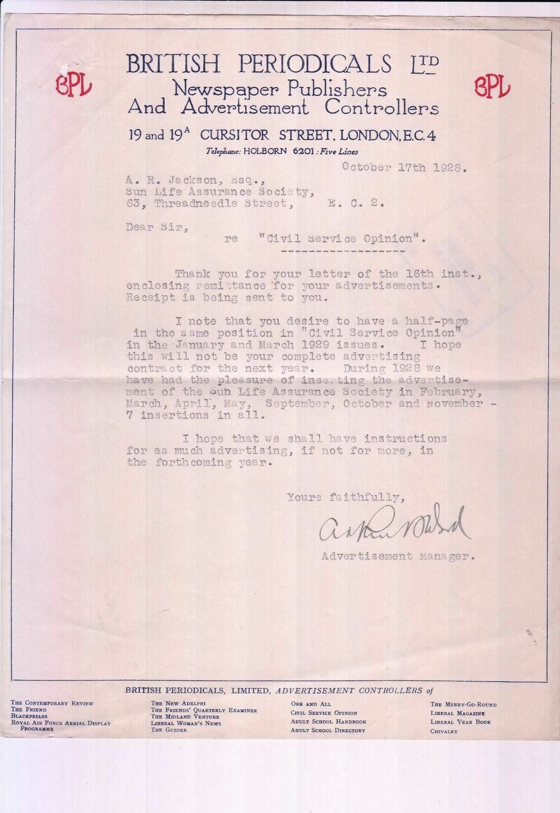 BRITISH PERIODICALS LTD, Logo London 1928 Newspaper Publishers Letter Ref 47885