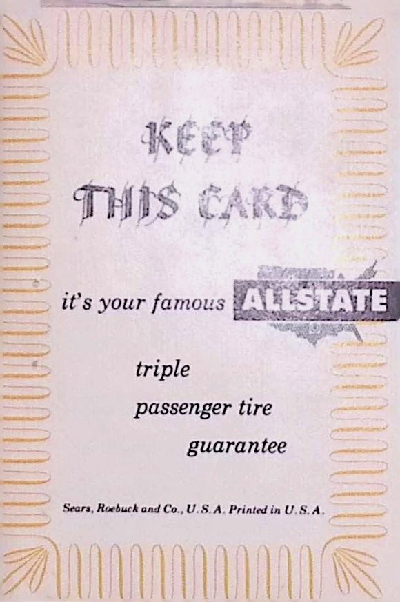 Allstate Tire Co. Sears Guarantee Card 1950s Handwritten Warranty