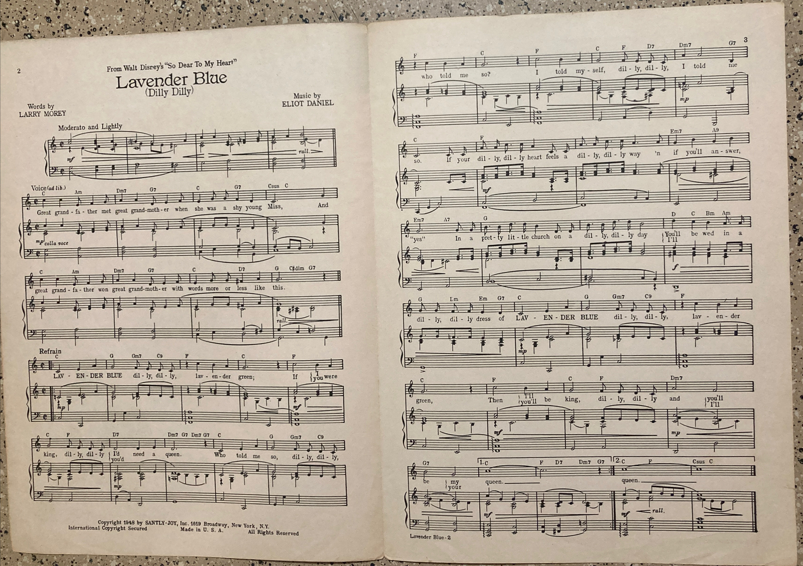 VINTAGE SHEET MUSIC WALT DISNEY LAVENDER BLUE DILLY DILLY SO DEAR TO MY HEART