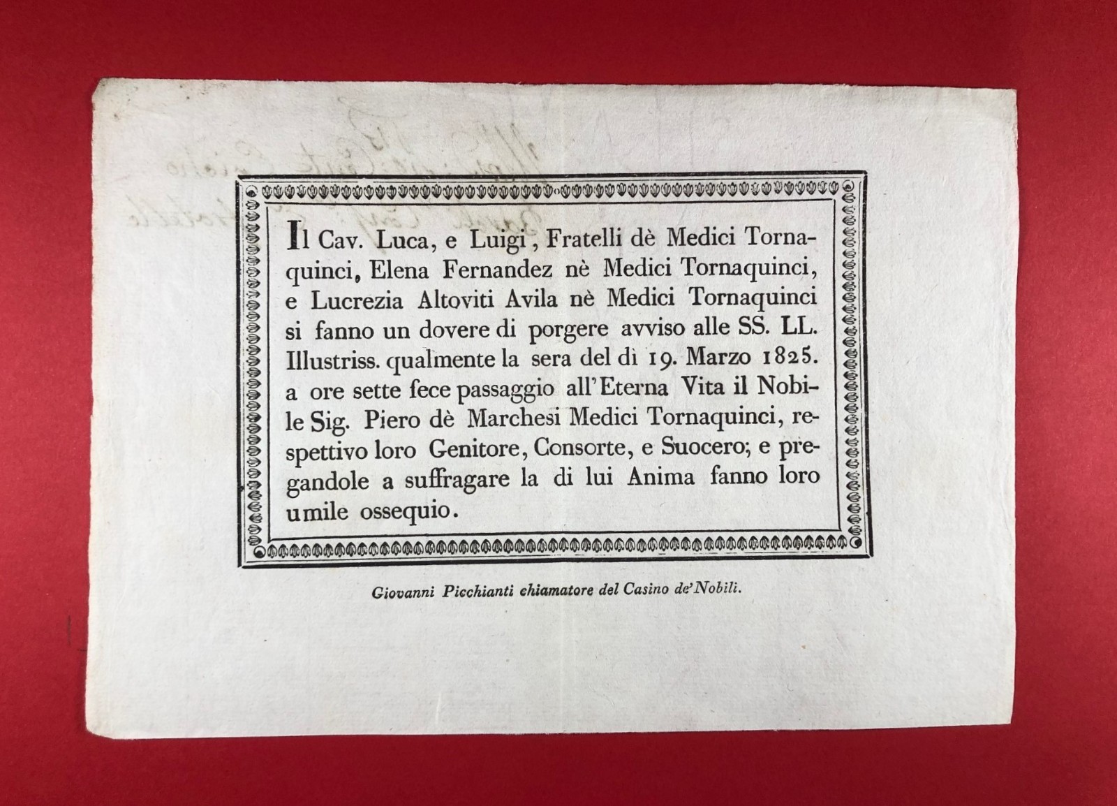 Rare Luttino – Funeral Announcement Florence Medici Tornaquinci 1825