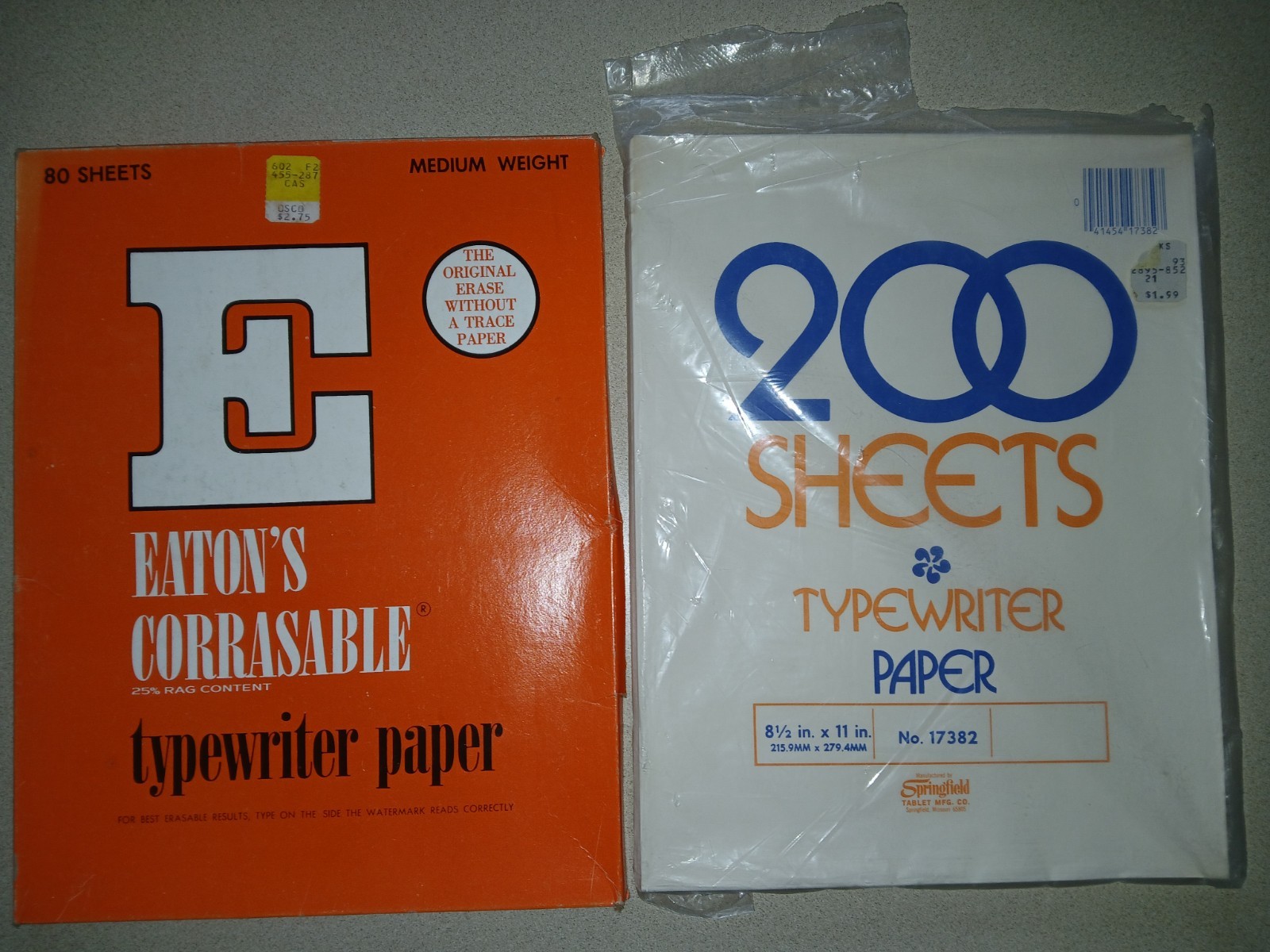 Eatons Corrasable Typewriter Paper Erasable Box 8.5×11 Medium Springfield mfg