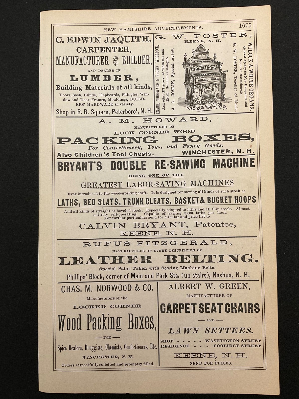1883 Antique Ad Page Little Giant Road Machine VT, Jaquith Carpenter & Lumber NH