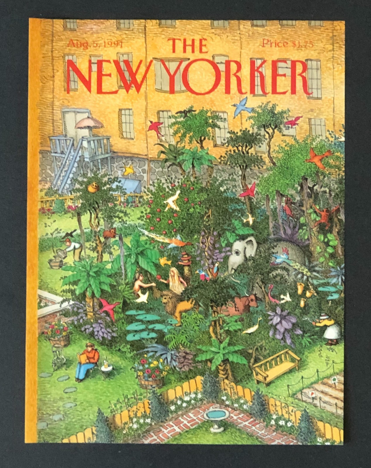 1991 New Yorker Magazine Cover Garden in Eden Adam Eve Bible Animals City Vtg