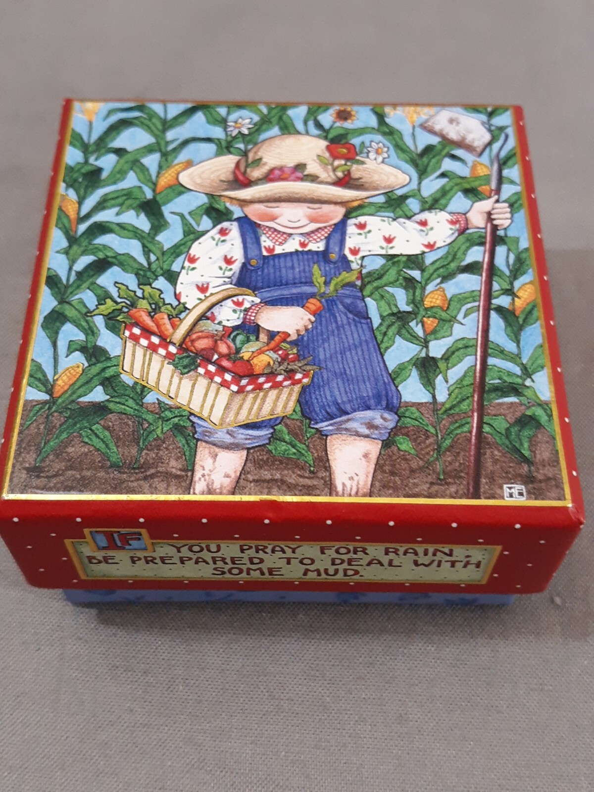 Mary Engelbreit Girl In Garden “Mud” Square Trinket Box Lined 30469