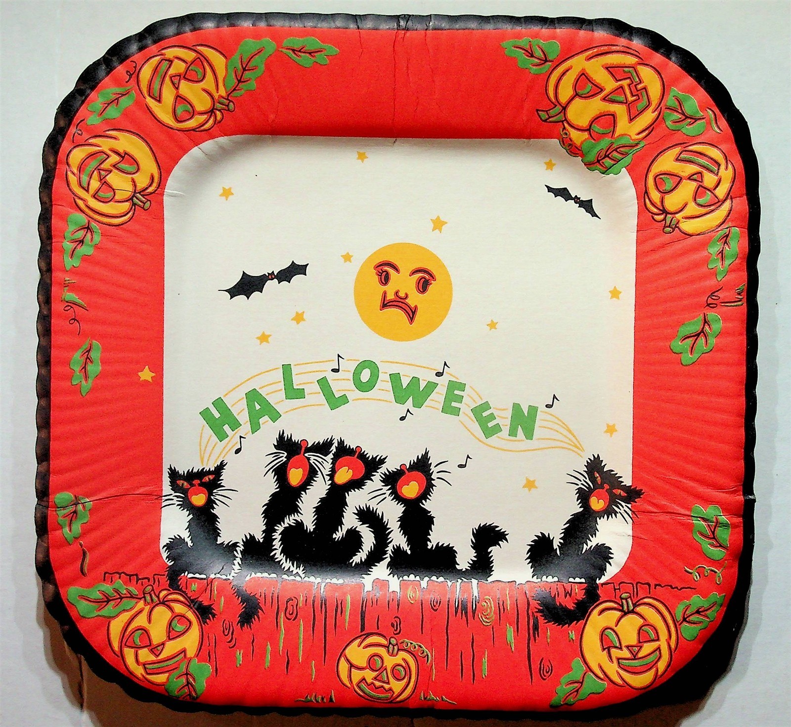 Halloween Black Cat Bat Full Moon JOL 1950s-1960s Rembrandt? Square Paper Plate
