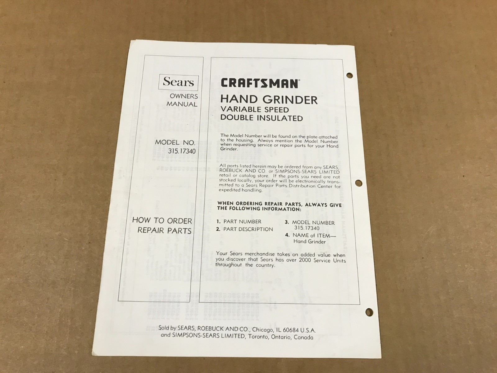 Vintage Sears Craftsman Hand Grinder Variable Speed – Operation Instructions