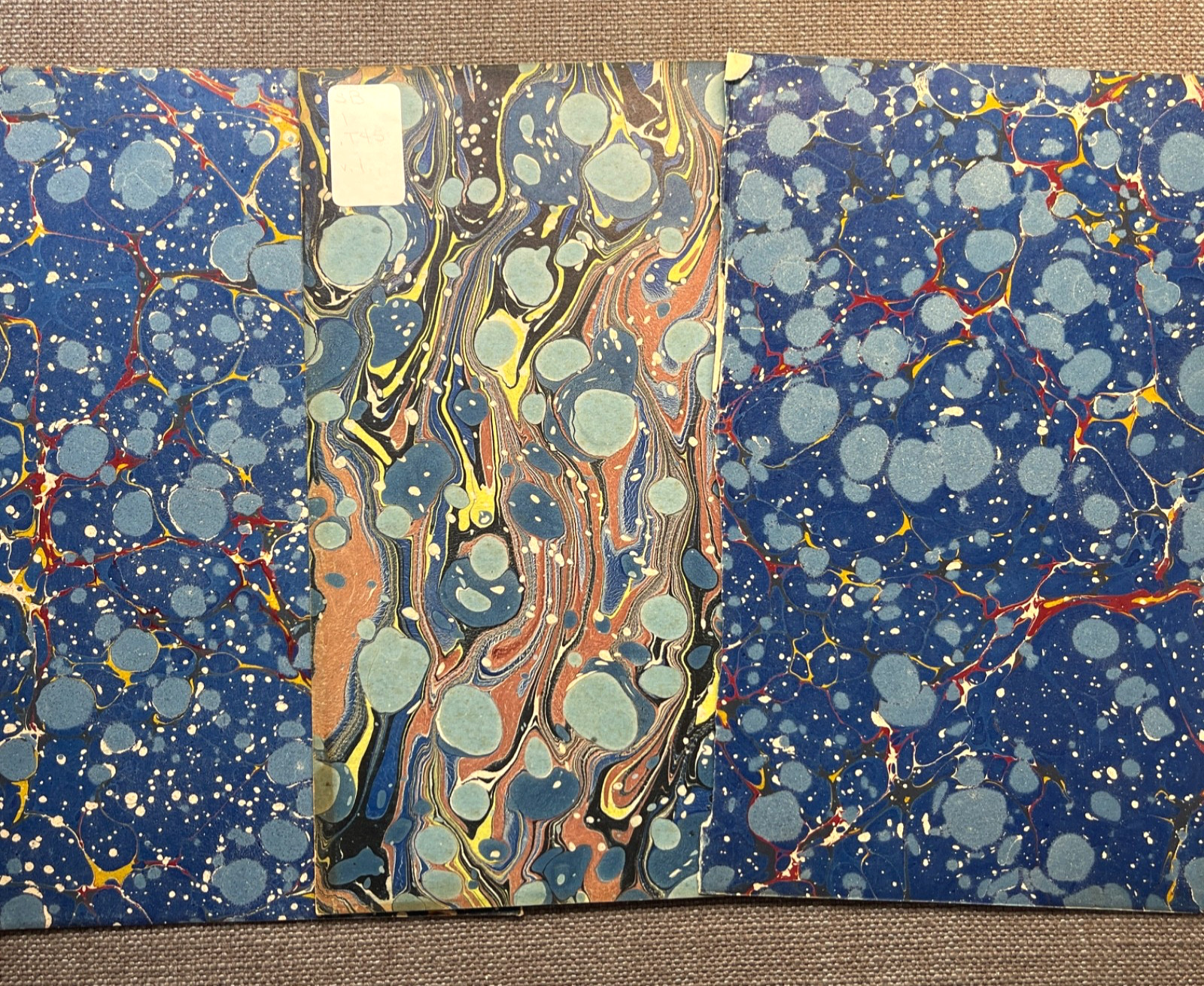 Antique Marbled End Papers Bookbinding Blue Yellow Red Lot of 3