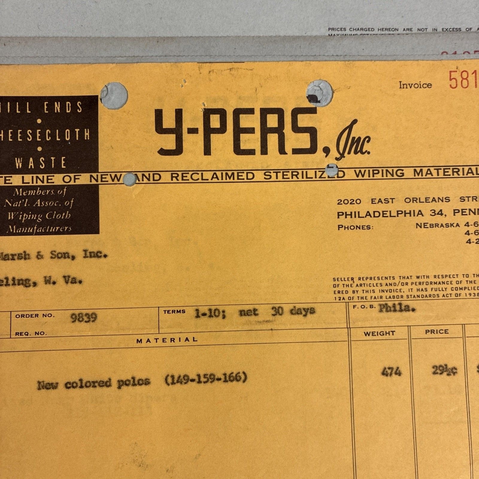 1950s 1960s Y PERS Industrial Invoice Lot Philadelphia PA Wheeling WV Cigar