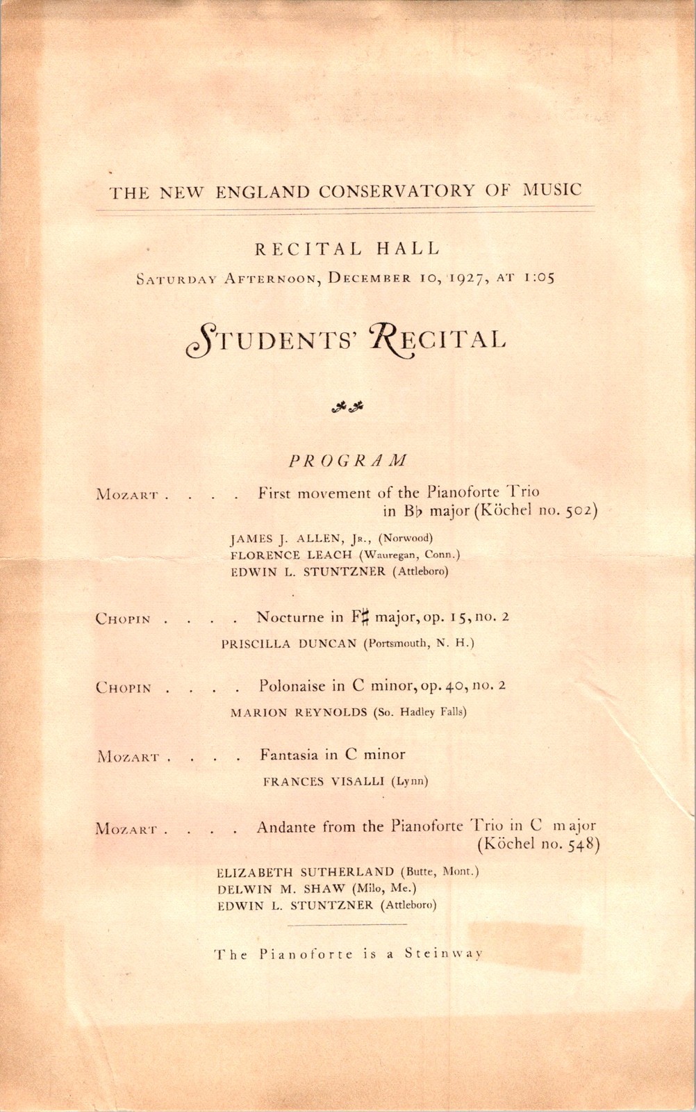 1927 New England Conservatory Recital Program Steinway Piano Rose Ackermann