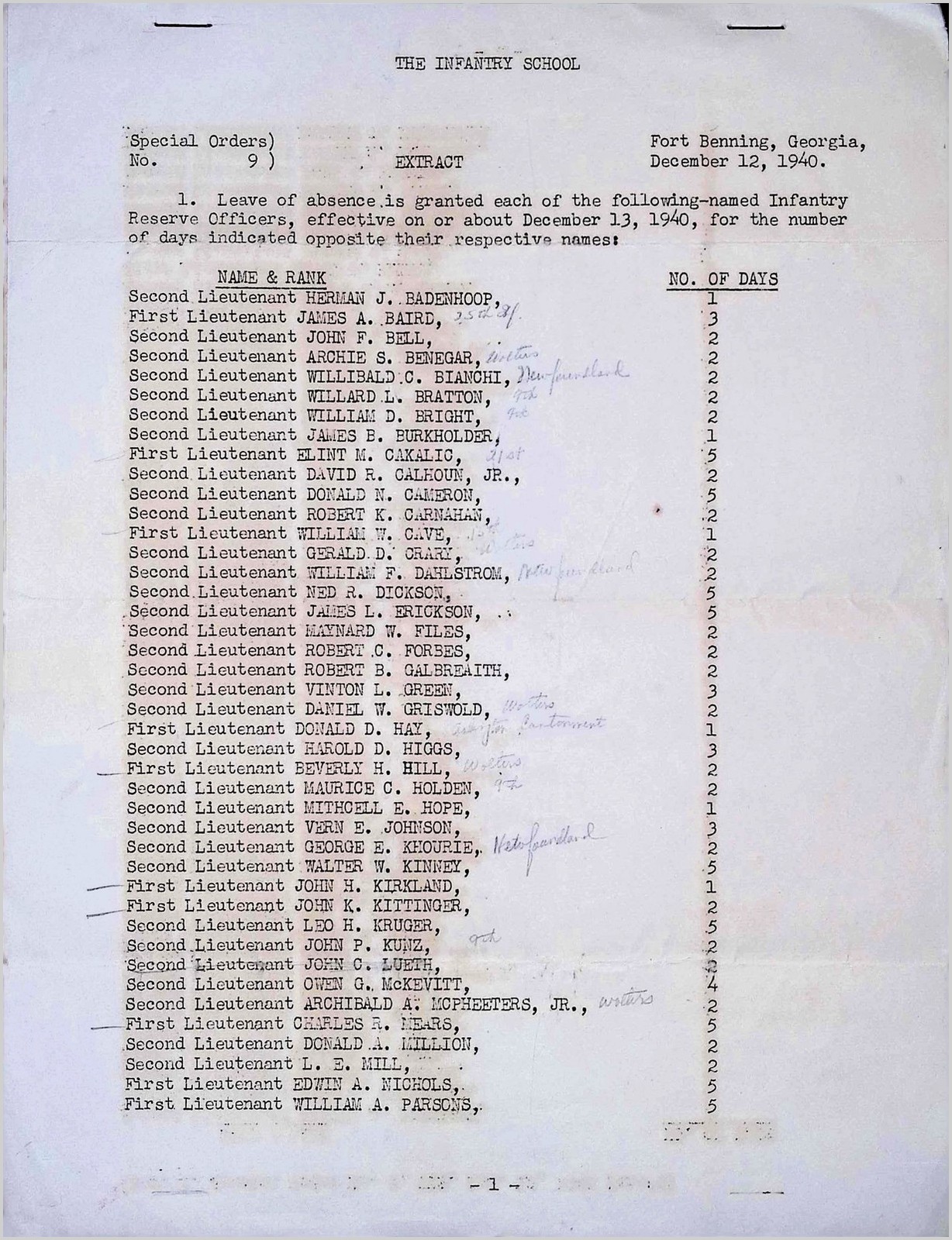 US Army Special Orders No 9 Fort Benning 1940 Officer Roster Philippines Alaska