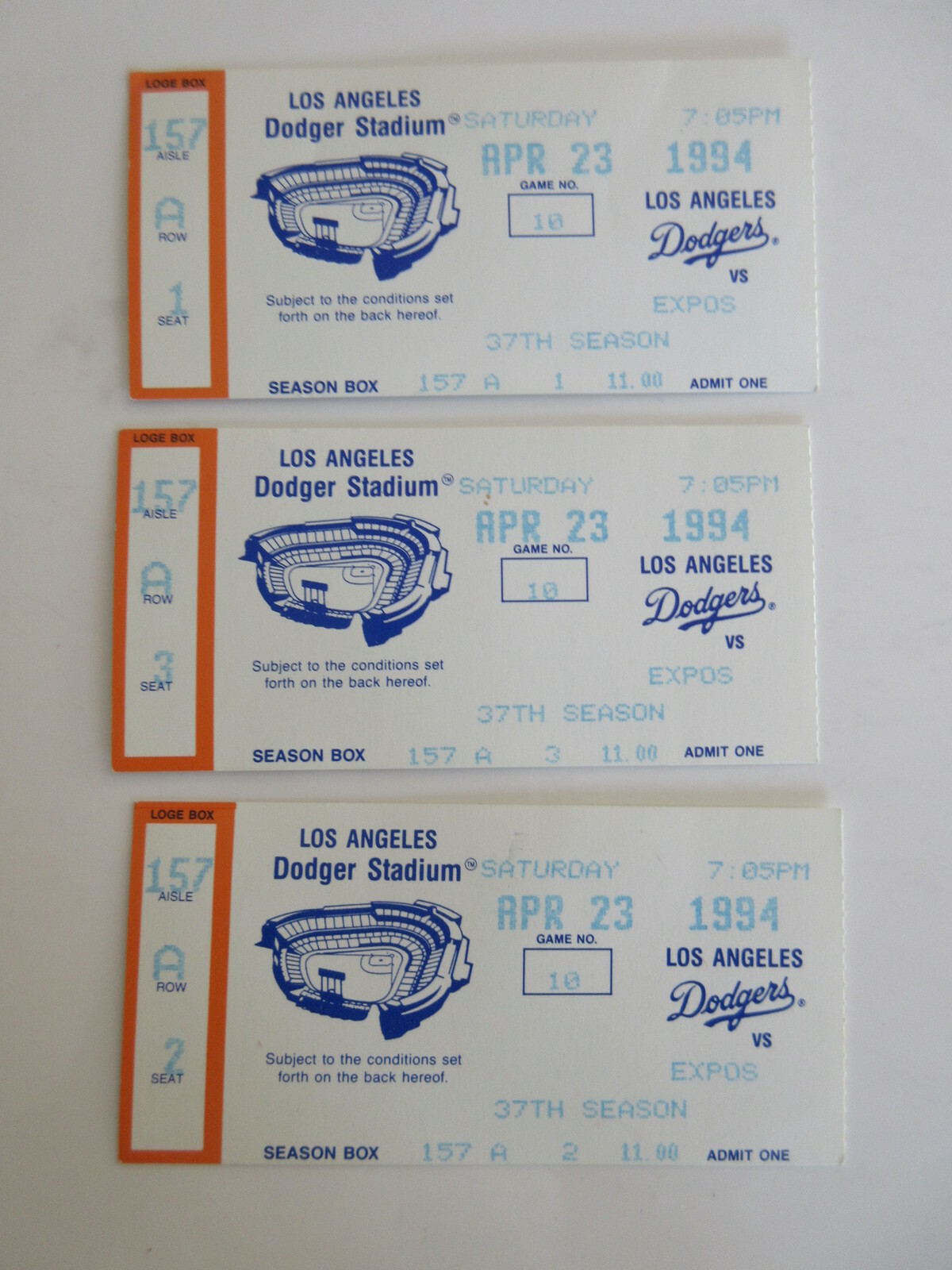 lot of 3 LOS ANGELES DODGER vs MONTREAL EXPOS TICKET STUBS APRIL 23, 1994