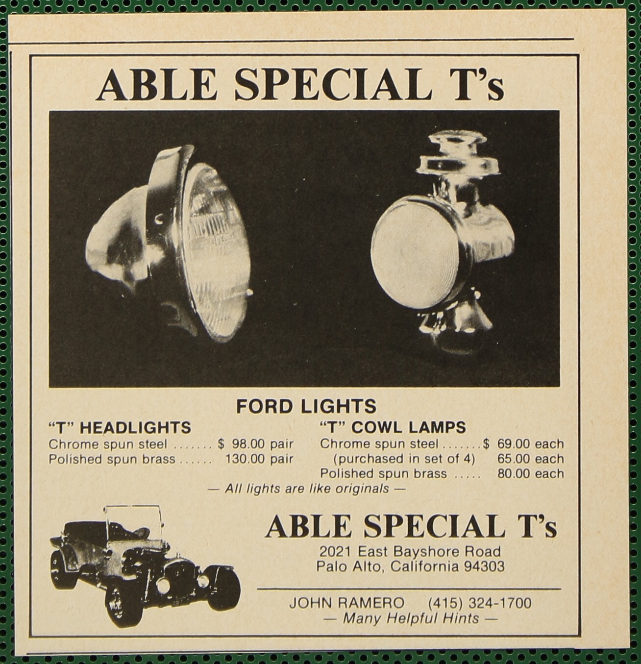 Able Special T’s Ford T Headlights Cowl Lamps Palo Alto CA Vintage Print Ad 1979