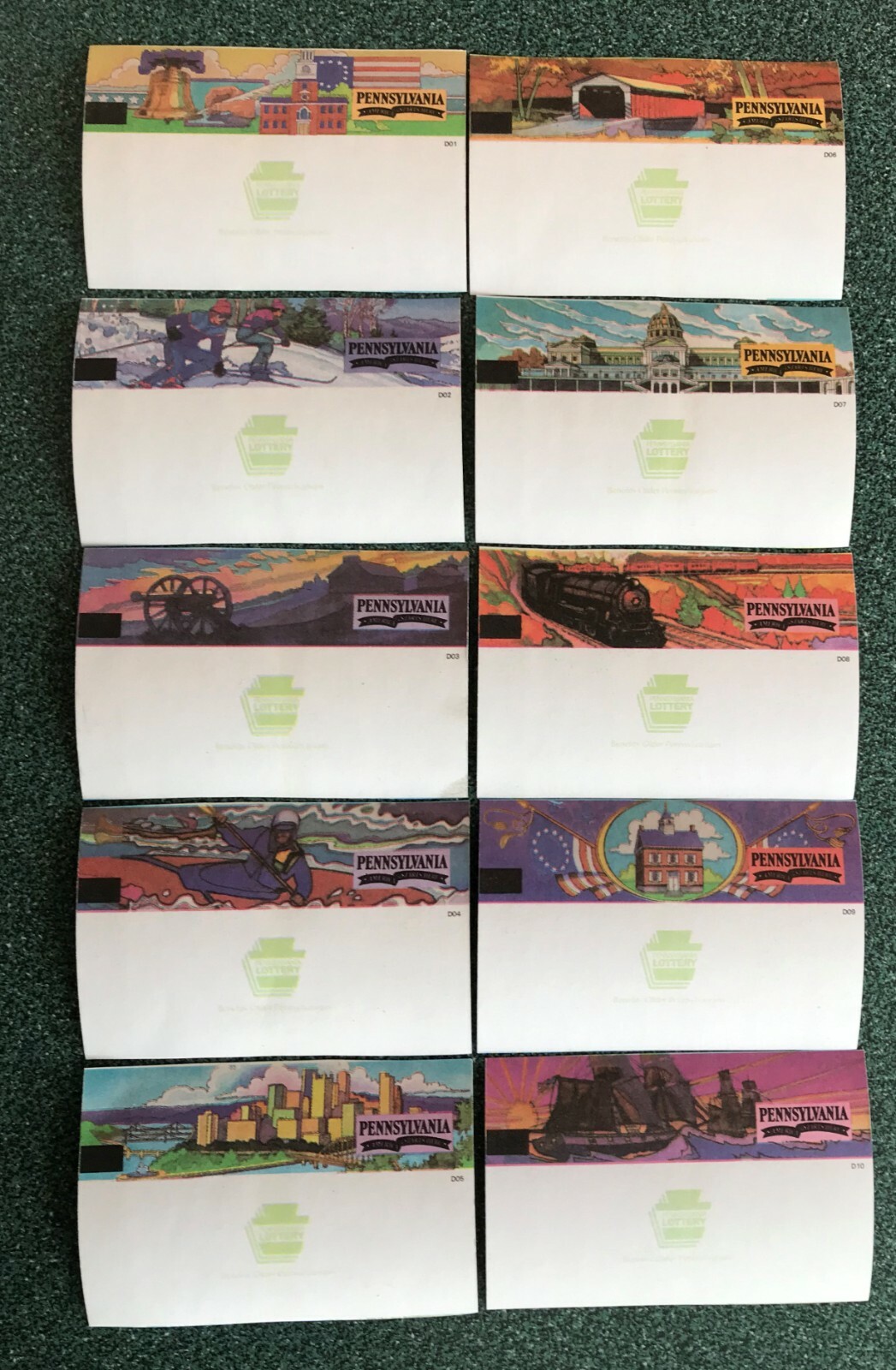 Pennsylvania Vintage Paper non issued Lottery Tickets, issued 1990, 10 diff