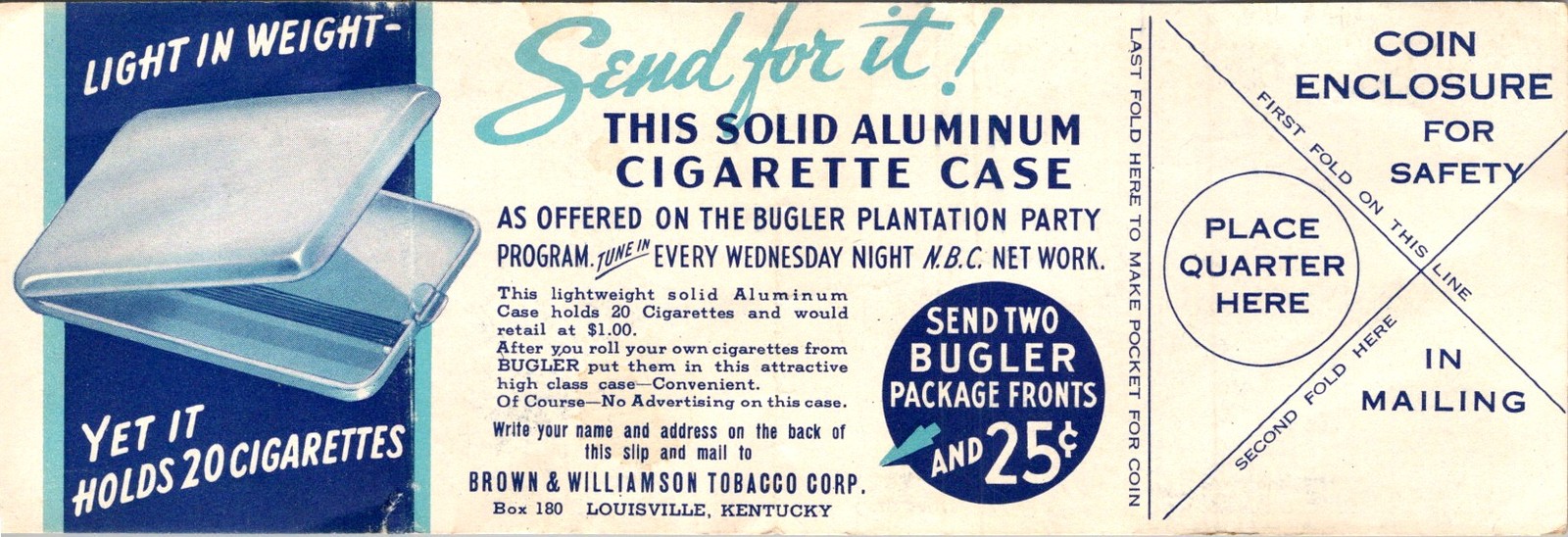 Bugler Tobacco Premium Leaflet Brochure 1940s Aluminum Cigarette Case Offer