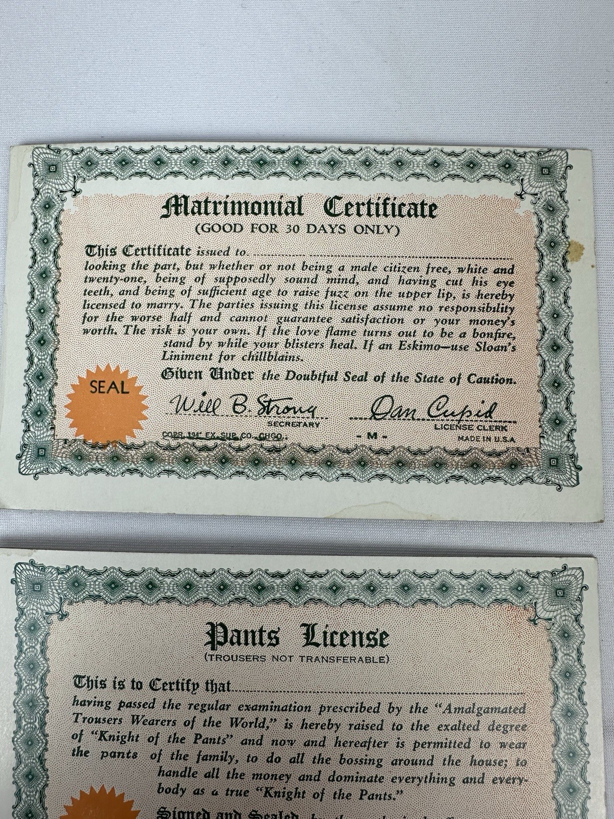 Vintage 1940s Novelty Certificates Lot Matrimonial Pants License Vamp Etc.