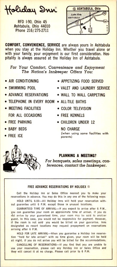Holiday Inn Rack Card Ashtabula Ohio 1960s Holidex System Roadside Americana