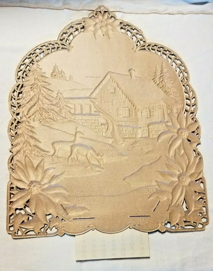 Vintage Embossed German Christmas Farmhouse w/1956 Calendar 15 1/2″ x 21″ DieCut