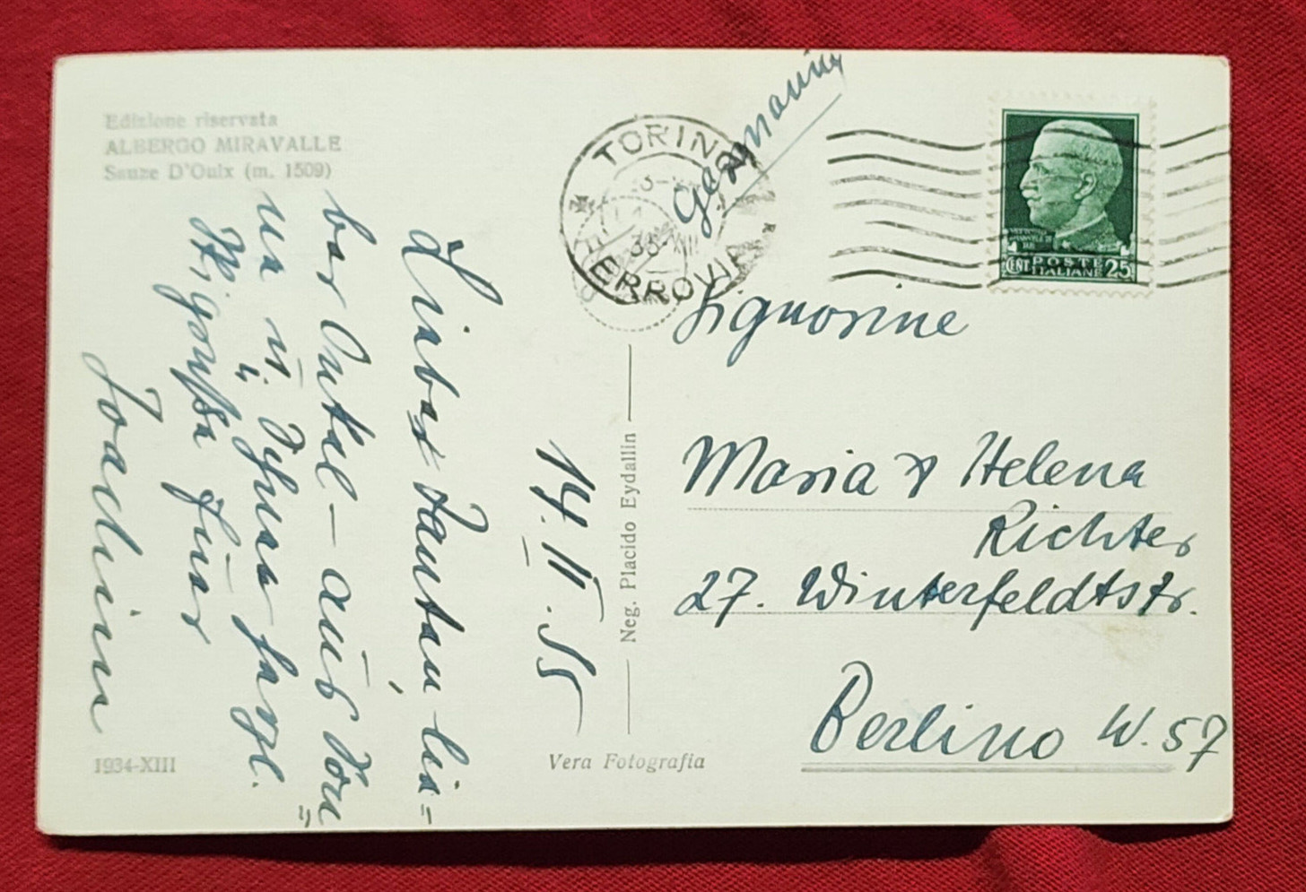 Pre WW2 WWII Italy Italian TORINO photo postcard to Berlin Germany Germania 1935