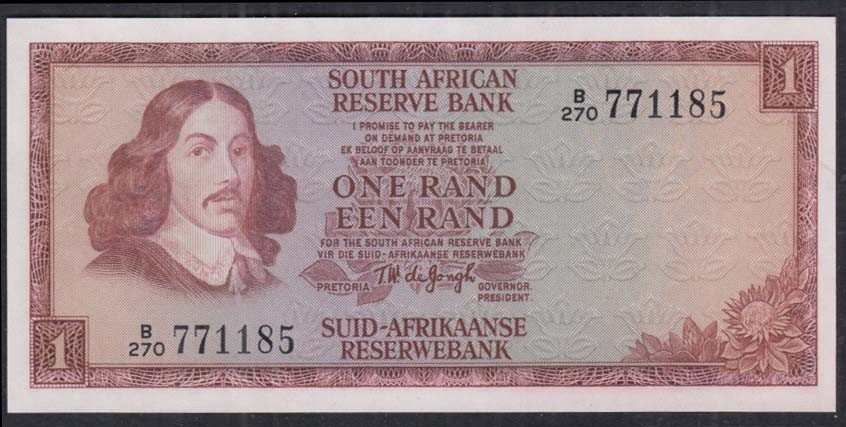 South African Reserve Bank One Rand banknote T W de Jongh 1960s 638919