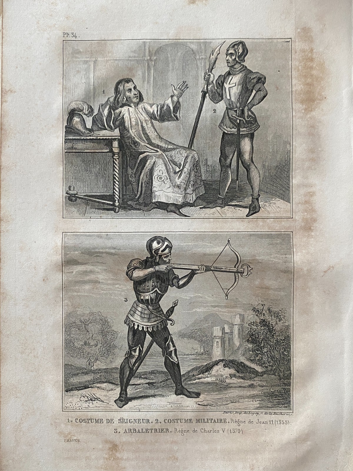 Engraving France ” Costume De Lord And Military -arbaletrier Jean II “