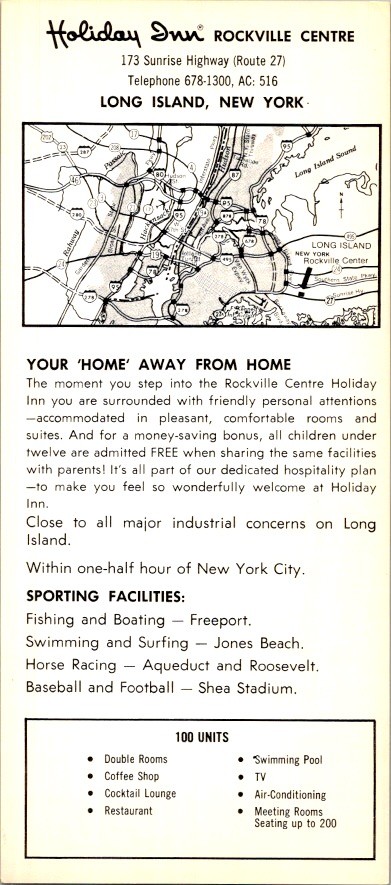 Holiday Inn Rockville Centre NY Rack Card 1960s Roadside Americana Motor Lodge