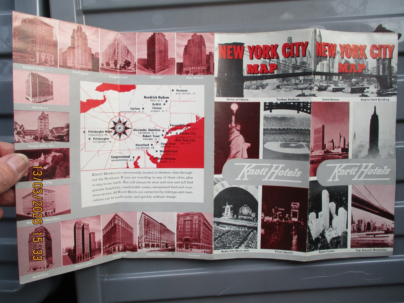 Vintage New York City Sightseeing Map, Issued by Knott Hotels, c1955