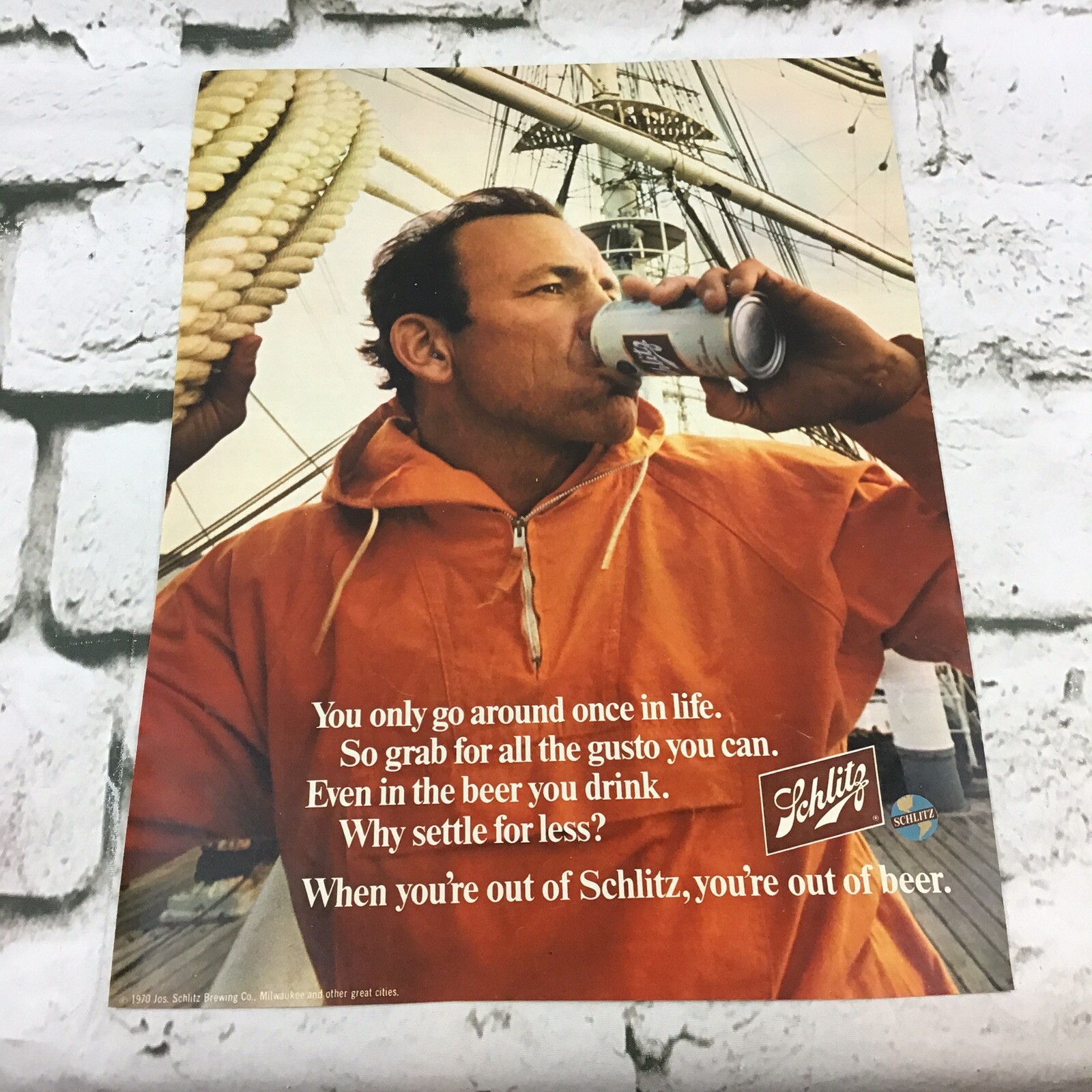 Vintage 1970 Schlitz Beer Milwaukee Advertising Art Print Ad Fisherman Sailing