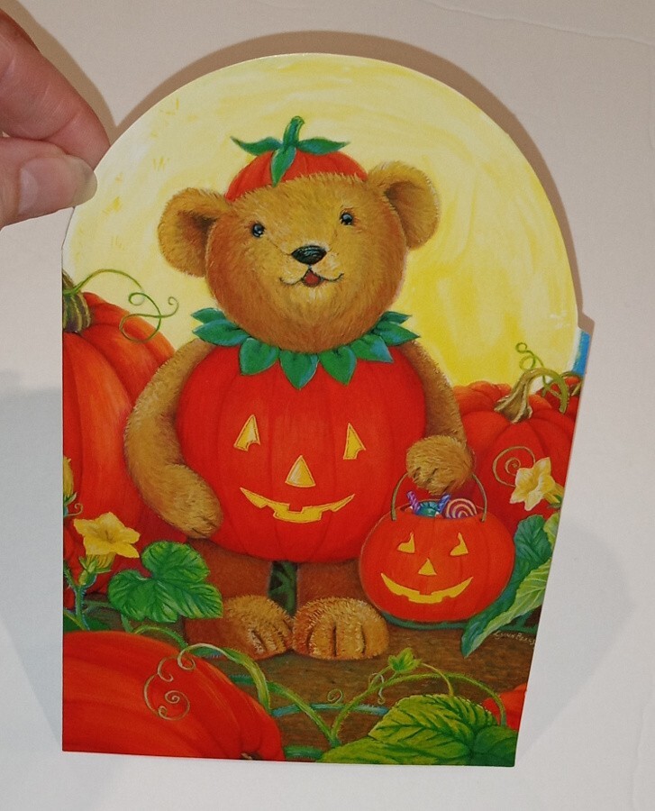 Halloween greeting card, teddy bear in Jack O’Lantern costume, 7 1/4″ used
