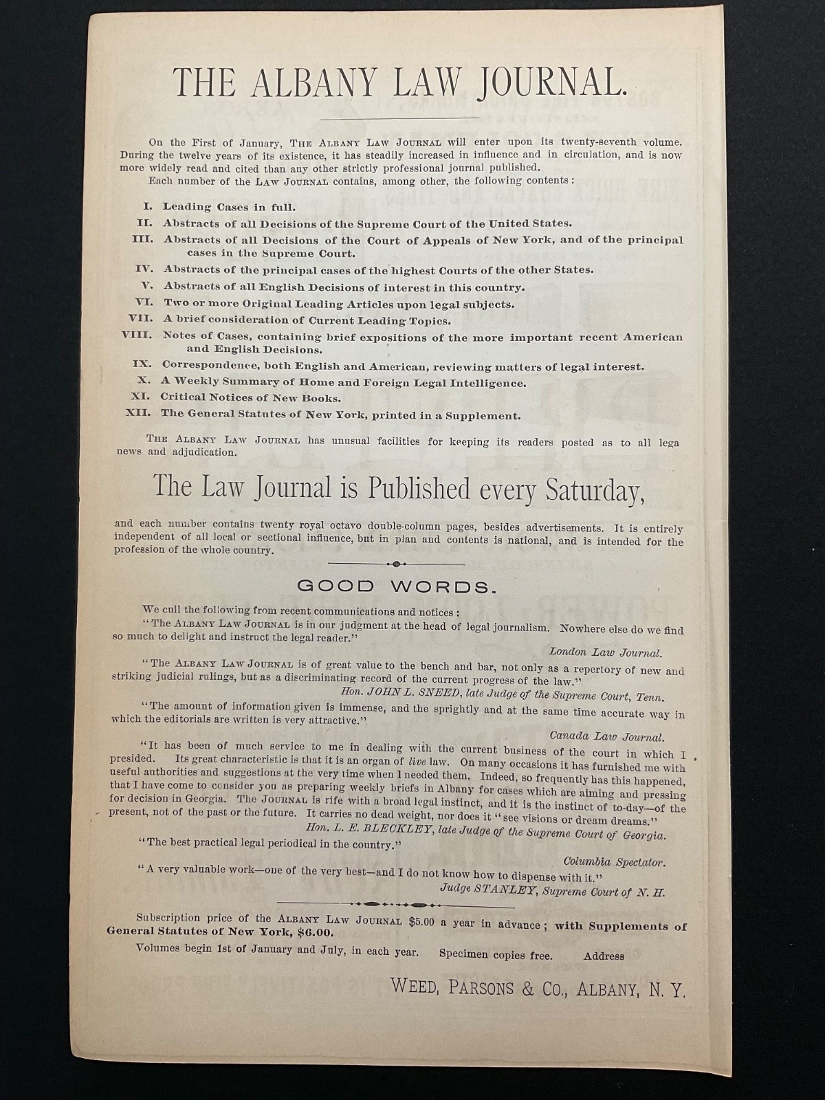 1883 Antique Ad Page Weed Parsons & Co Law Book Publisher Lithographer Albany NY