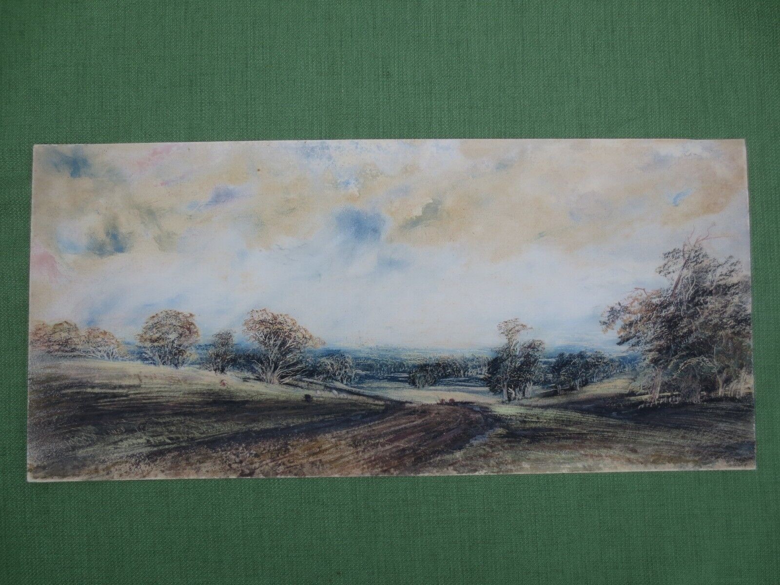 19th Century English School Watercolor Painting Open Field Natural Landscape