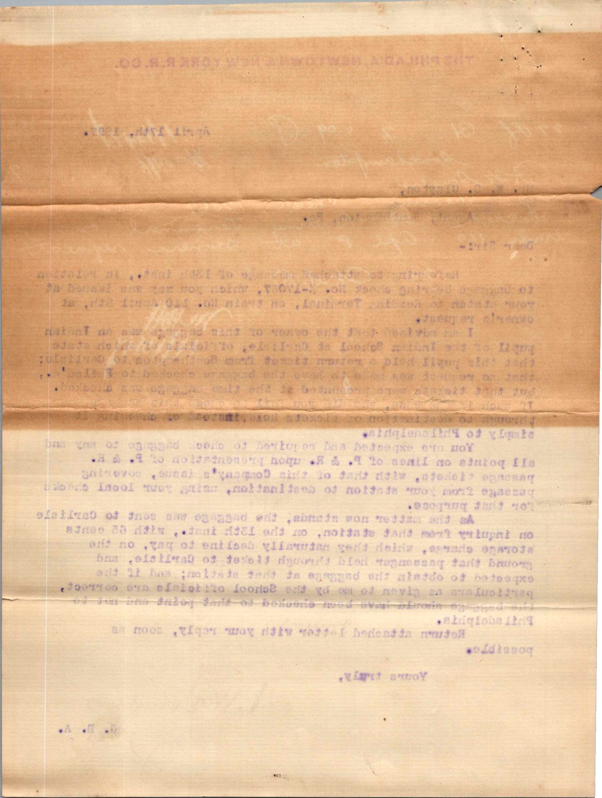 Philad’a Newtown & NY RR Co 1900s Mimeograph Carbon Copy Form 8-Large T.W.