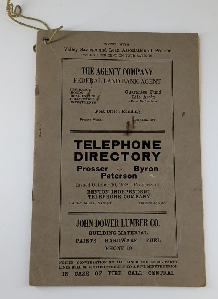 Telephone Directory Prosser Byron Paterson Washington October 1928 Vintage