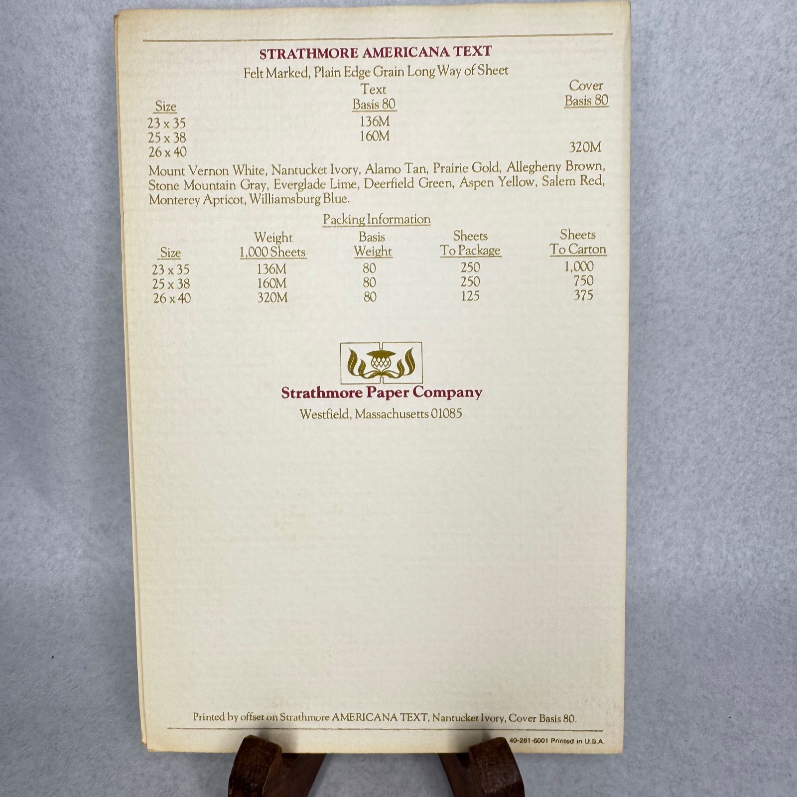 c.1974 Strathmore Americana Paper Swatch Book Felt-Marked Color Samples