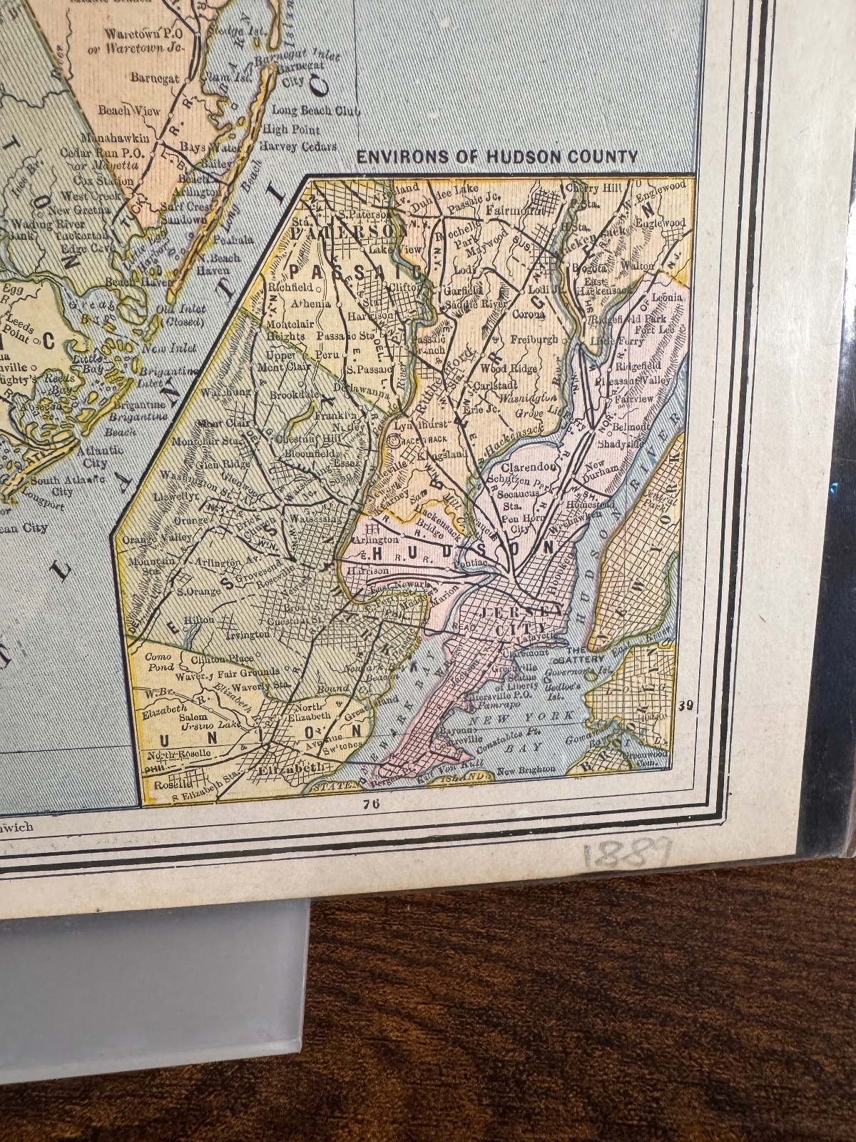 1889 New Jersey Map Geo F. Cram Antique Atlas NJ Hudson County Inset