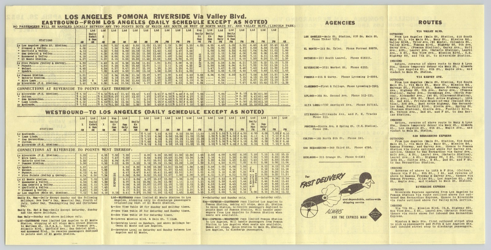1952 Pacific Electric Lines Motor Coach Service Time Table Los Angeles Pomona CA