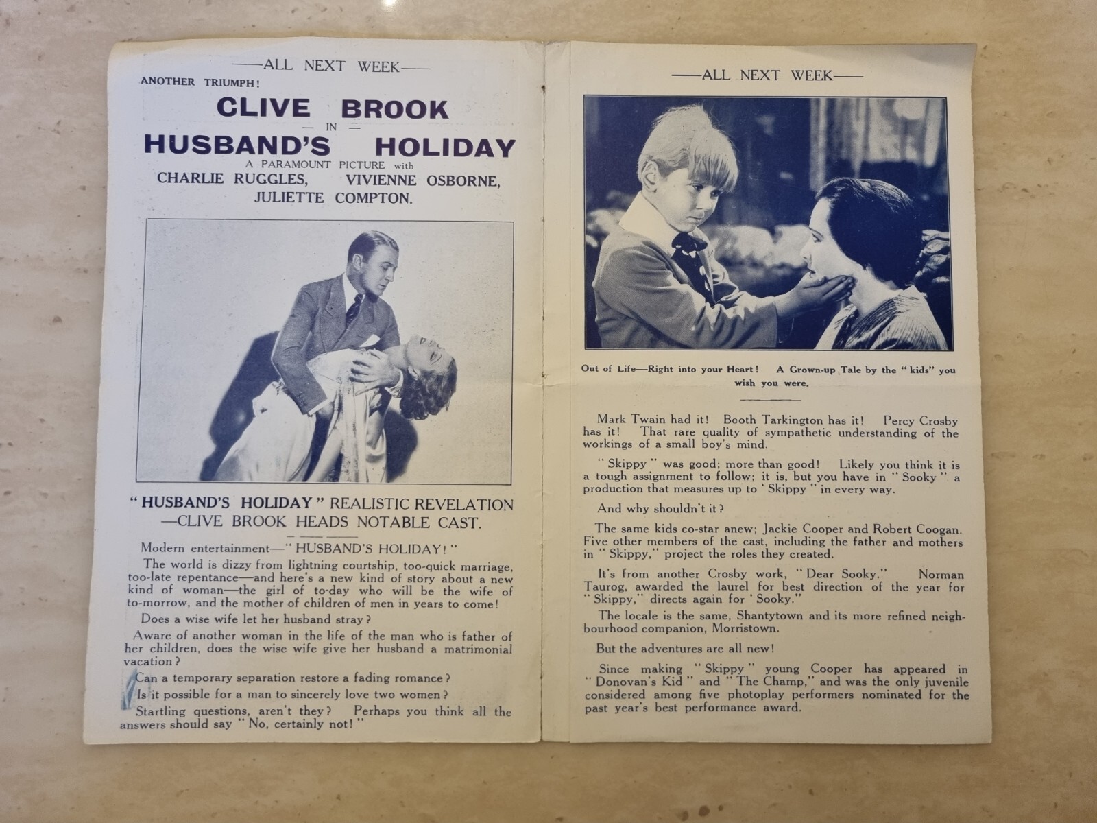 1930’s Cinema Programme Husband’s Holiday – Clive Brook Vivienne Brook / Sooky