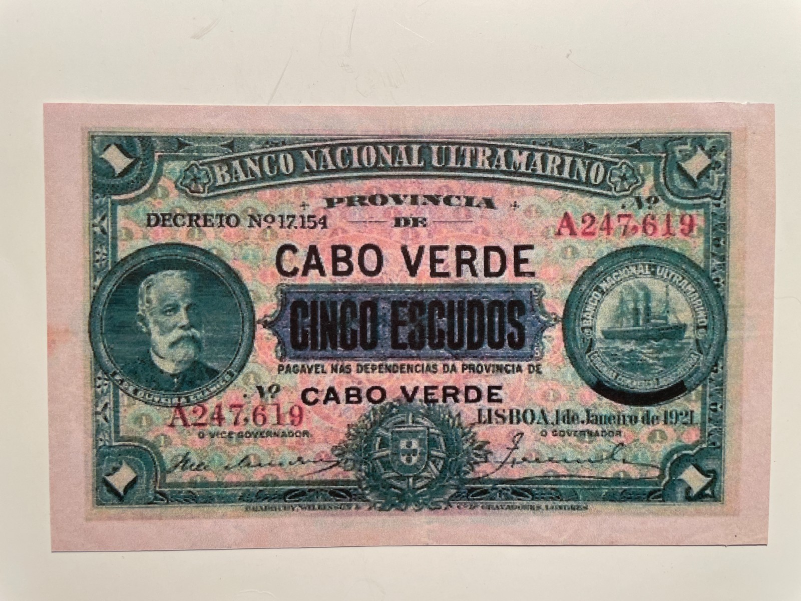 Cape Verde, Cabo Verde 5 Escudos 1921 Banknote Reproduction